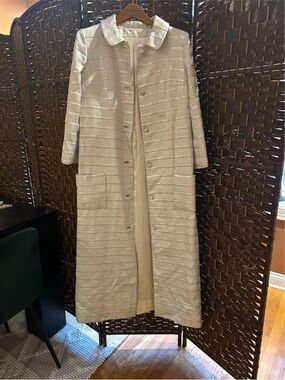 Long Ivory Textured Coat with Subtle Metallic Stripes